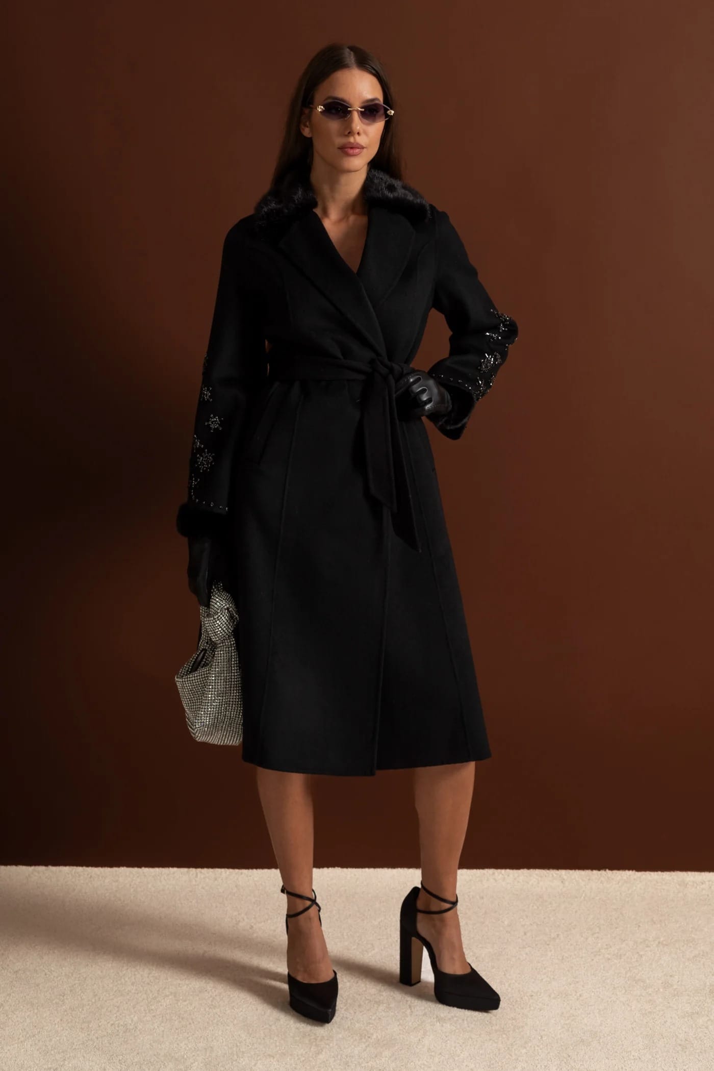 Long Coat with Embellished Sleeves and Fur Collar - Black