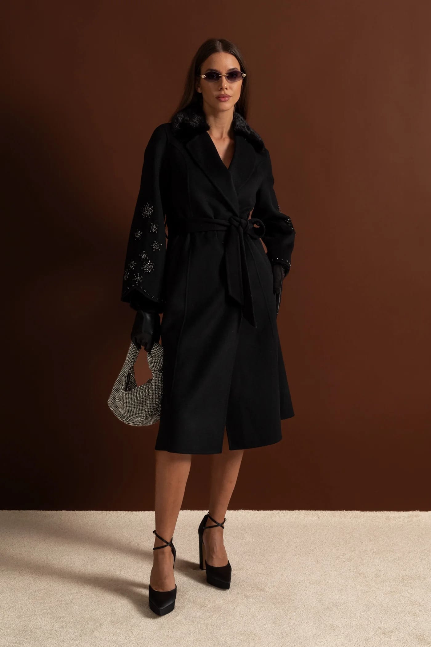 Long Coat with Embellished Sleeves and Fur Collar - Black