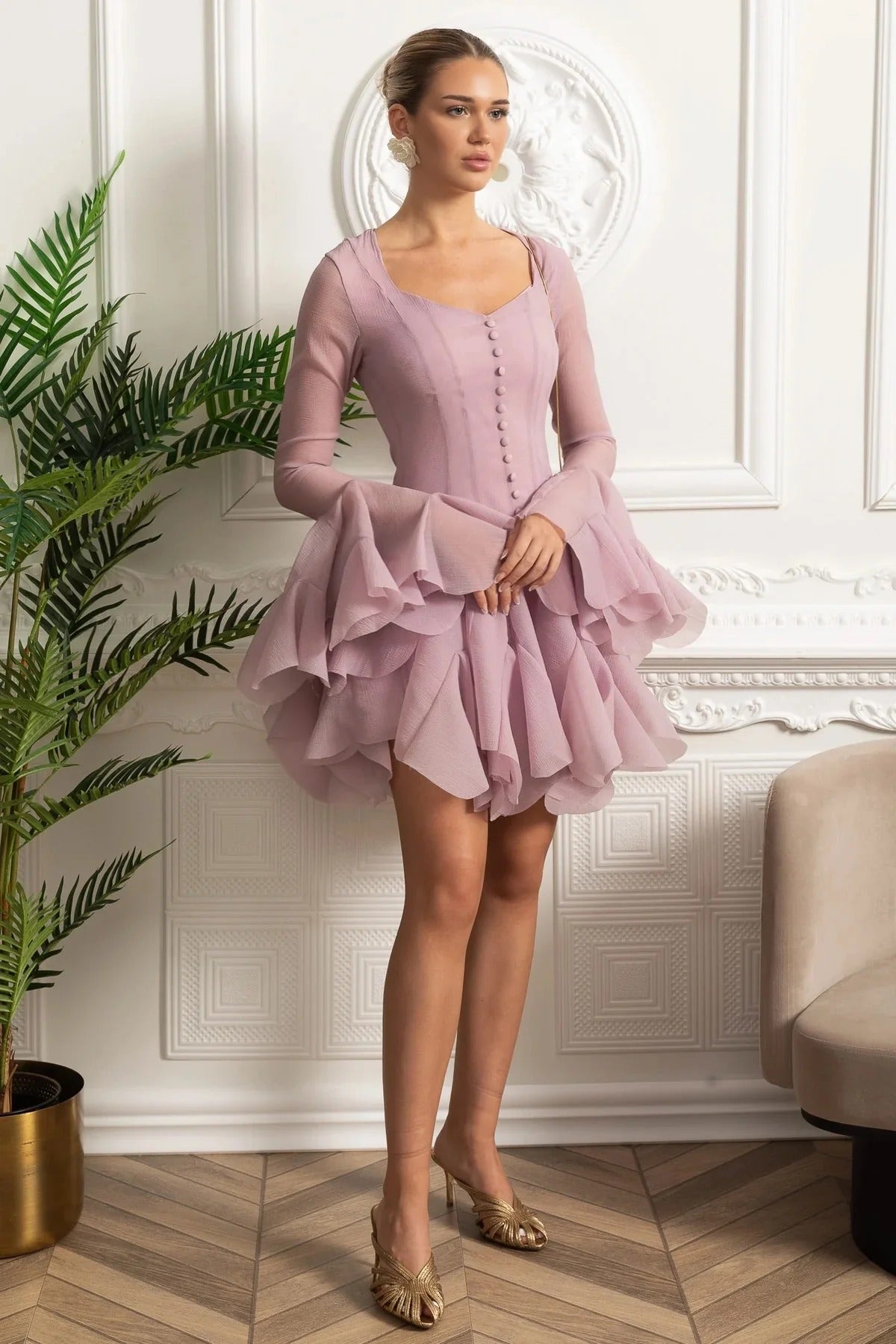 Sheer Sleeve Mini Dress With Layered Hemline - Pink