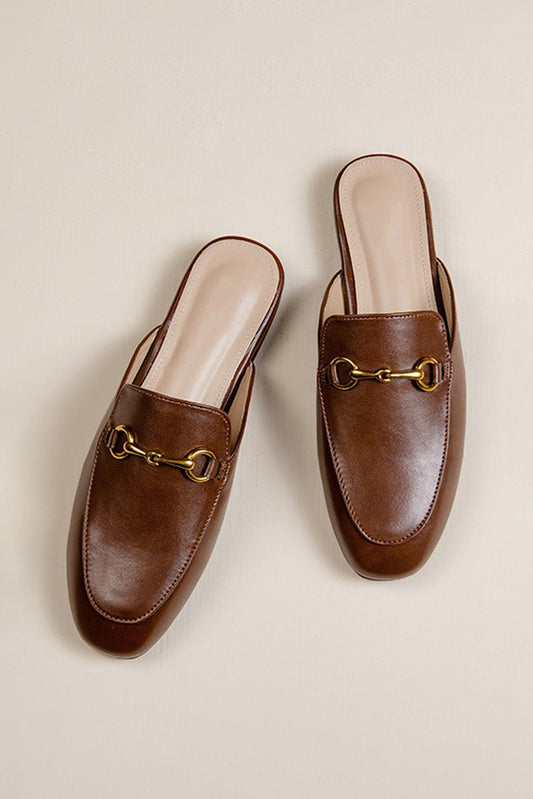 Flat Mules with Buckle Detail - Brown