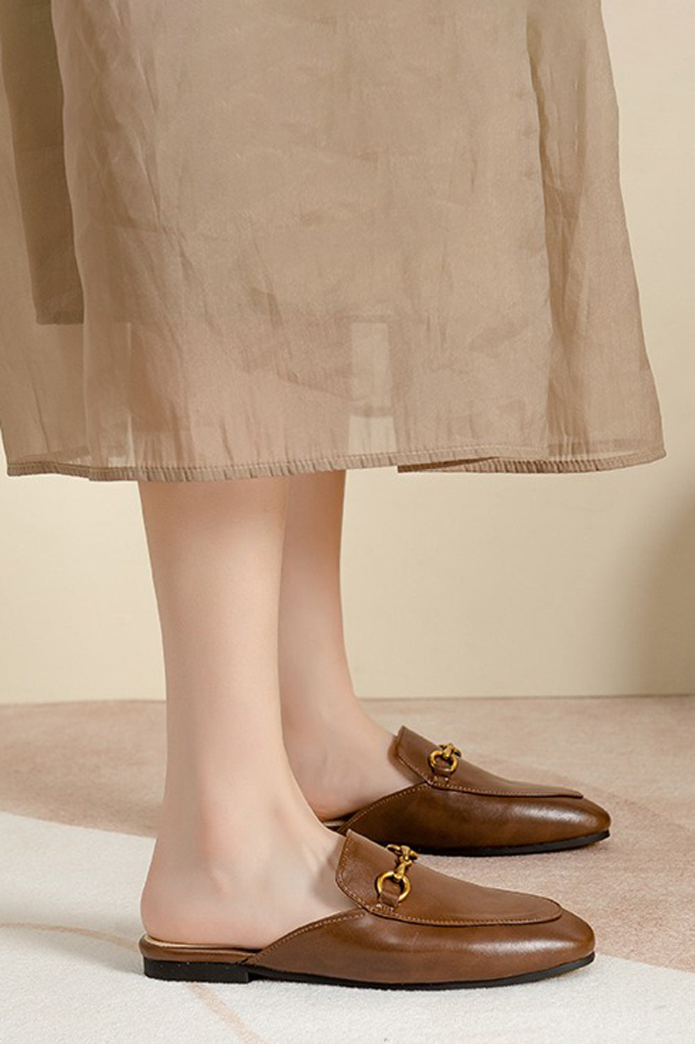 Flat Mules with Buckle Detail - Brown