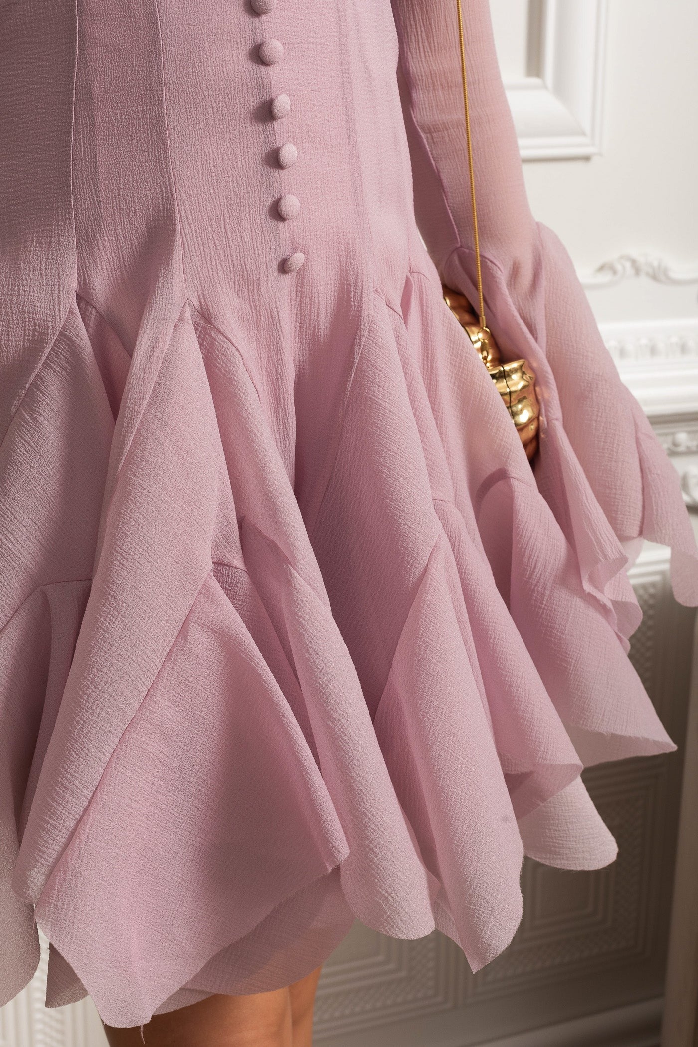Sheer Sleeve Mini Dress With Layered Hemline - Pink