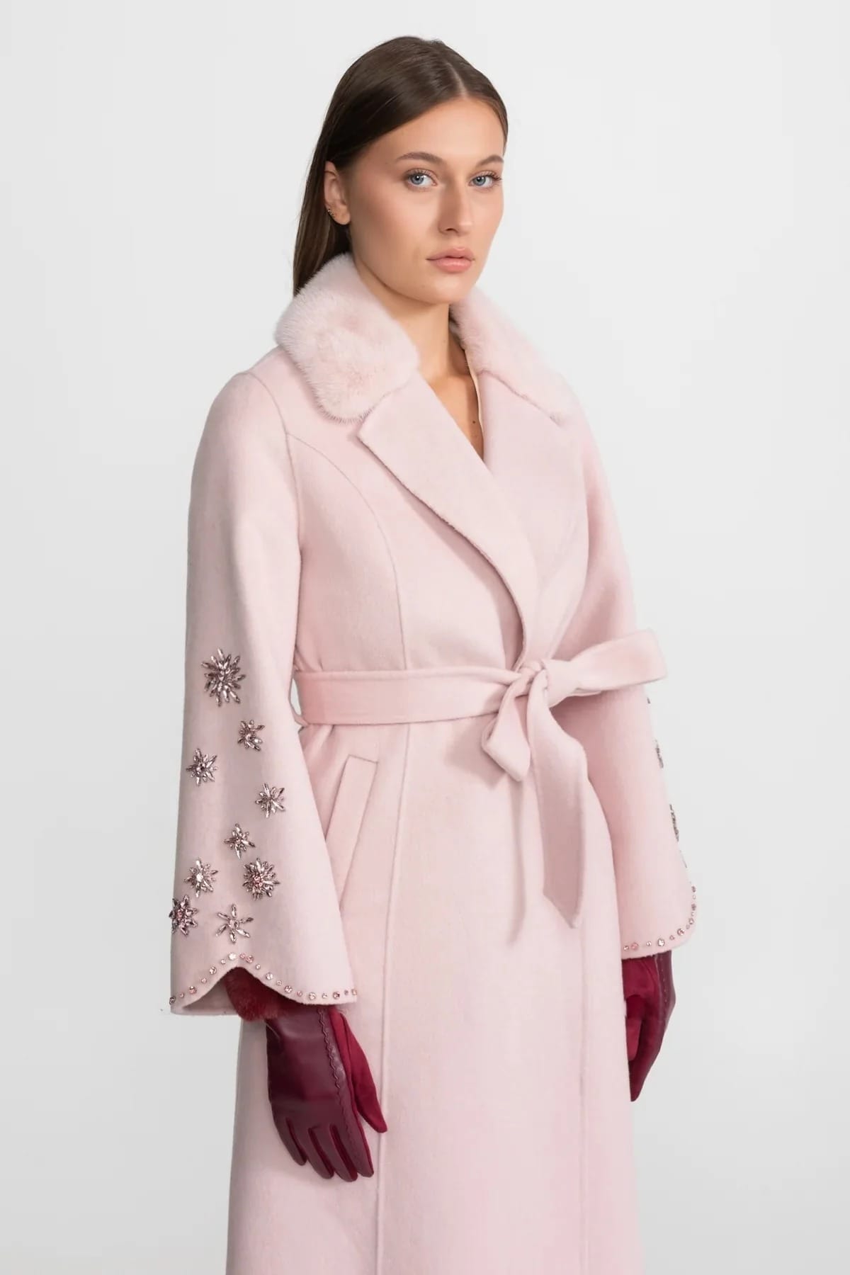 Long Coat with Embellished Sleeves and Fur Collar - Pink