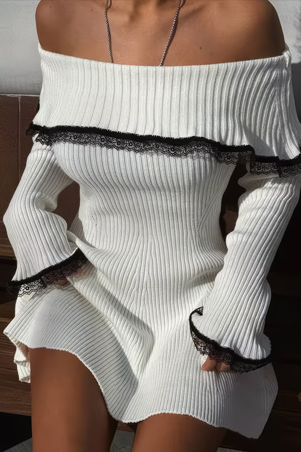 Off-Shoulder Ribbed Mini Dress with Lace Trim