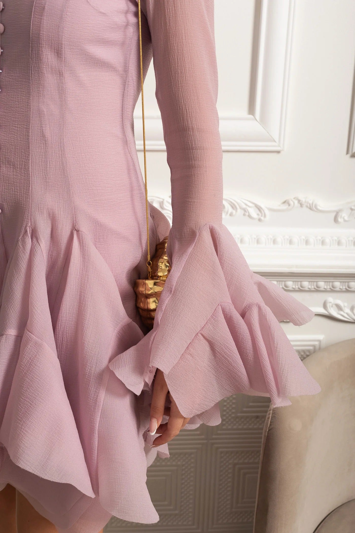 Sheer Sleeve Mini Dress With Layered Hemline - Pink