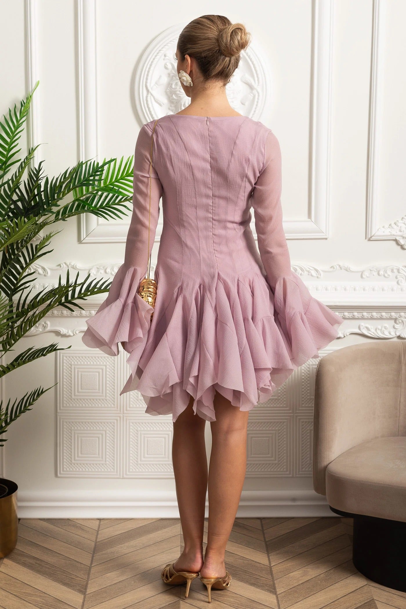 Sheer Sleeve Mini Dress With Layered Hemline - Pink