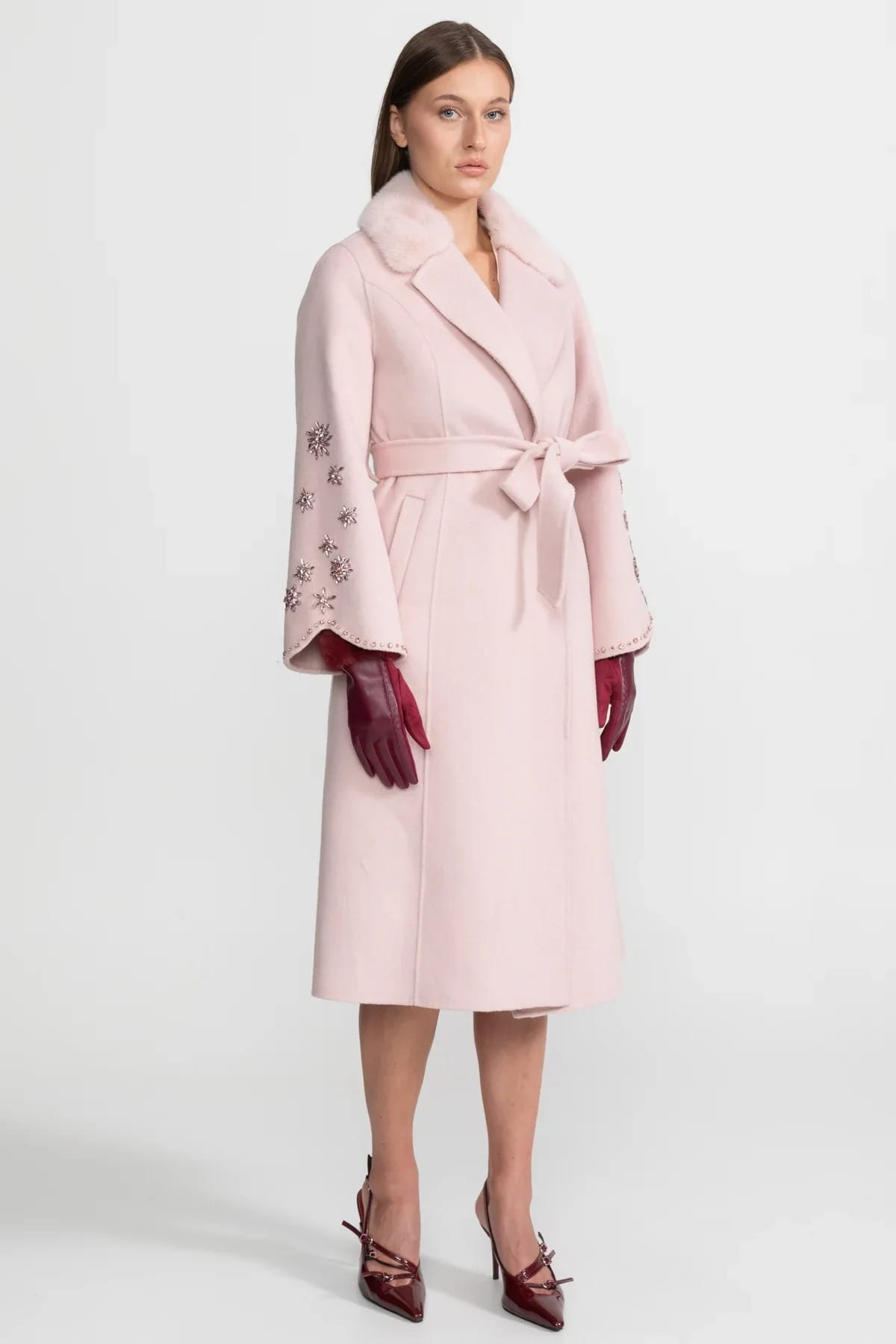 Long Coat with Embellished Sleeves and Fur Collar - Pink