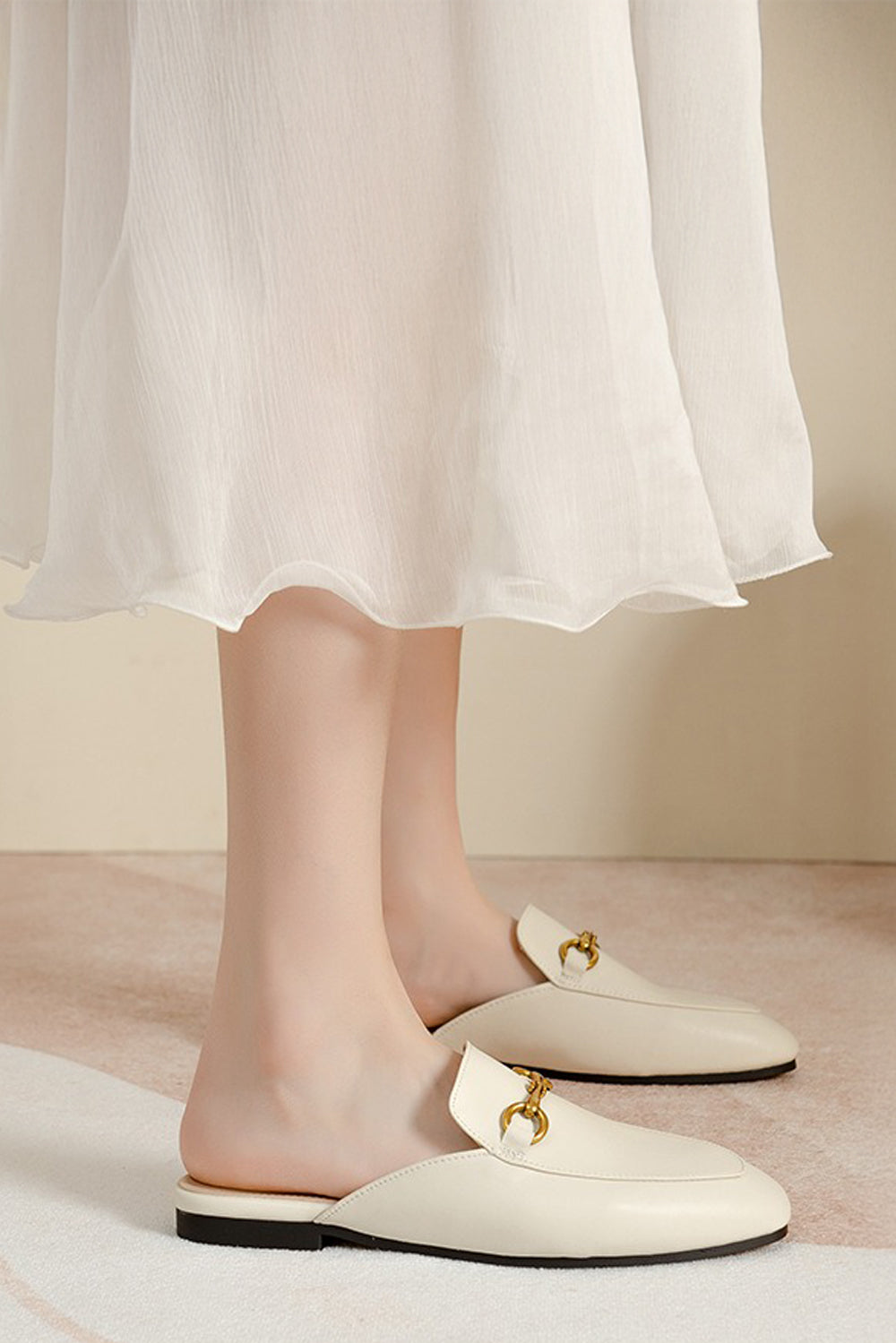 Flat Mules with Buckle Detail - White