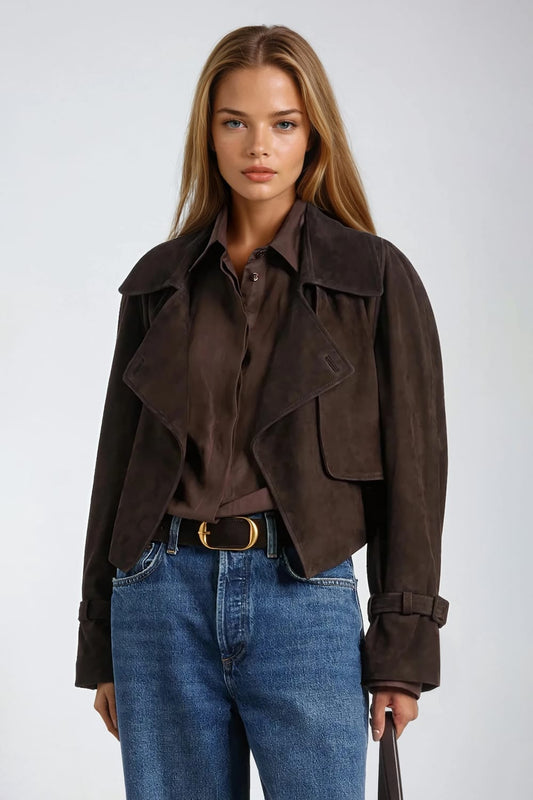 Cropped Belted Jacket - Brown