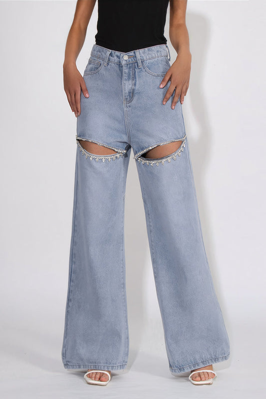 Wide Leg Denim Pants with Beaded Cut-Out - Blue