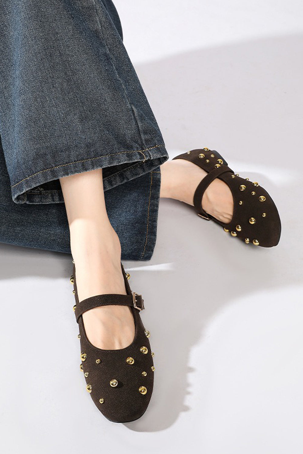 Flat Shoes with Studded Strap and Round Toe - Brown
