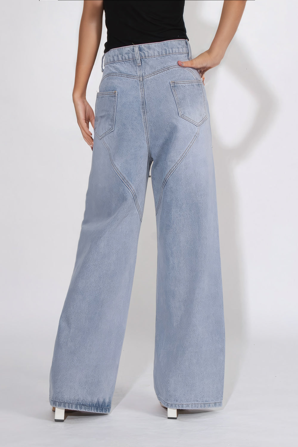 Wide Leg Denim Pants with Beaded Cut-Out - Blue