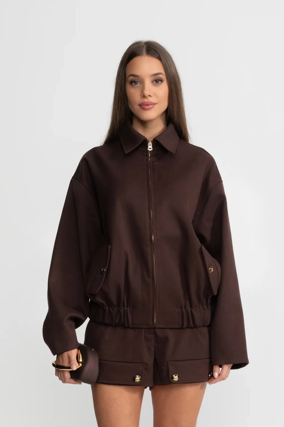 Two-Piece Set with Zip Jacket and Button Detail Shorts - Brown