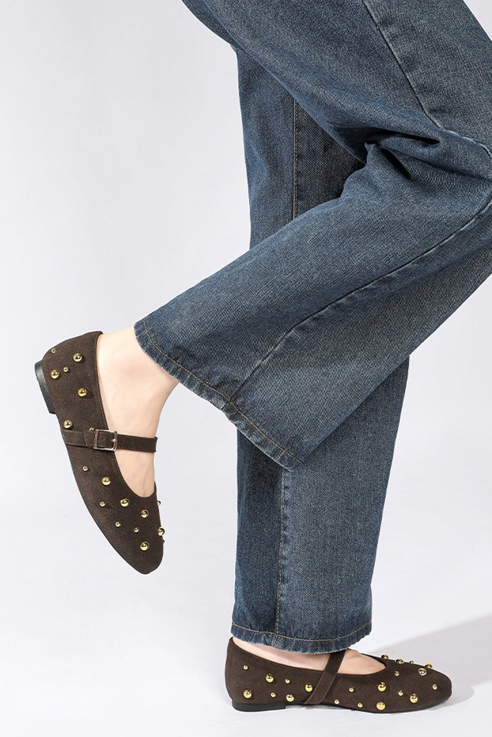 Flat Shoes with Studded Strap and Round Toe - Brown
