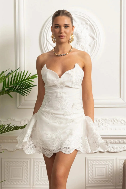Strapless Lace Mini Dress With Sweetheart Bodice - White