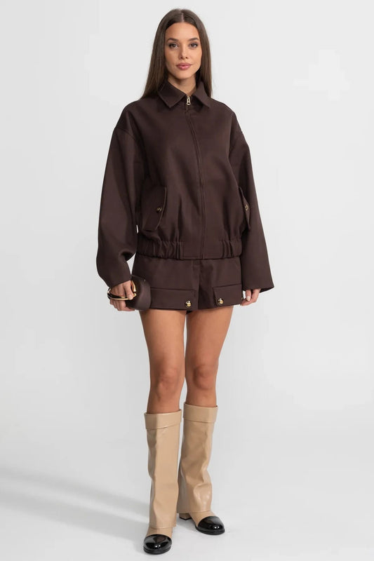 Two-Piece Set with Zip Jacket and Button Detail Shorts - Brown