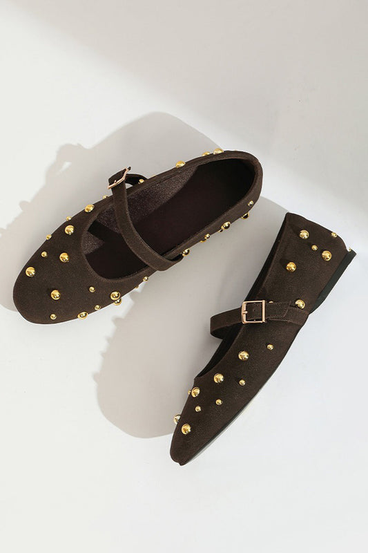 Flat Shoes with Studded Strap and Round Toe - Brown