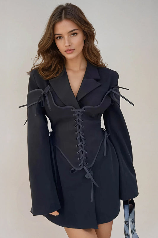 Blazer with Vest-Style Corset Design - Black