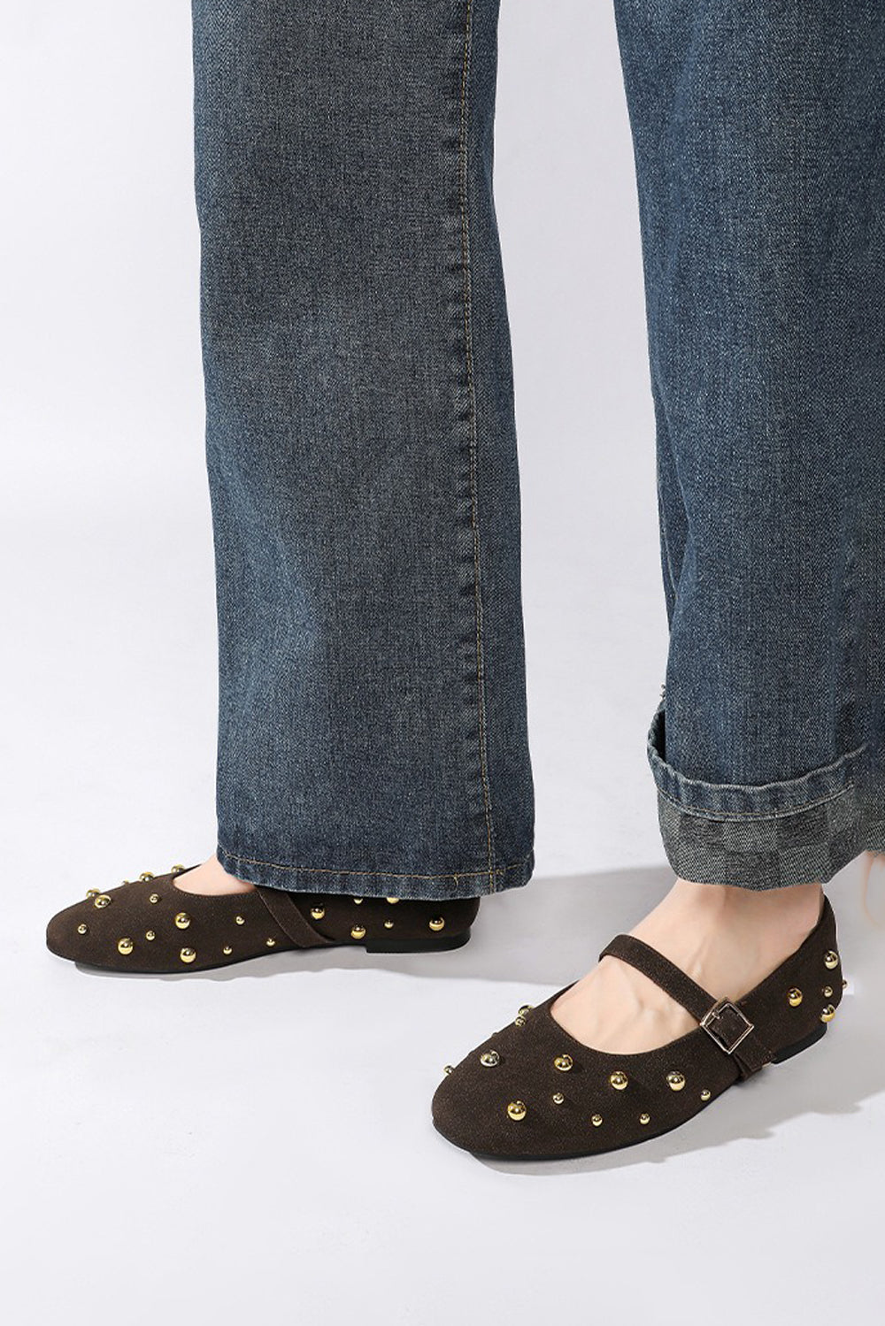 Flat Shoes with Studded Strap and Round Toe - Brown