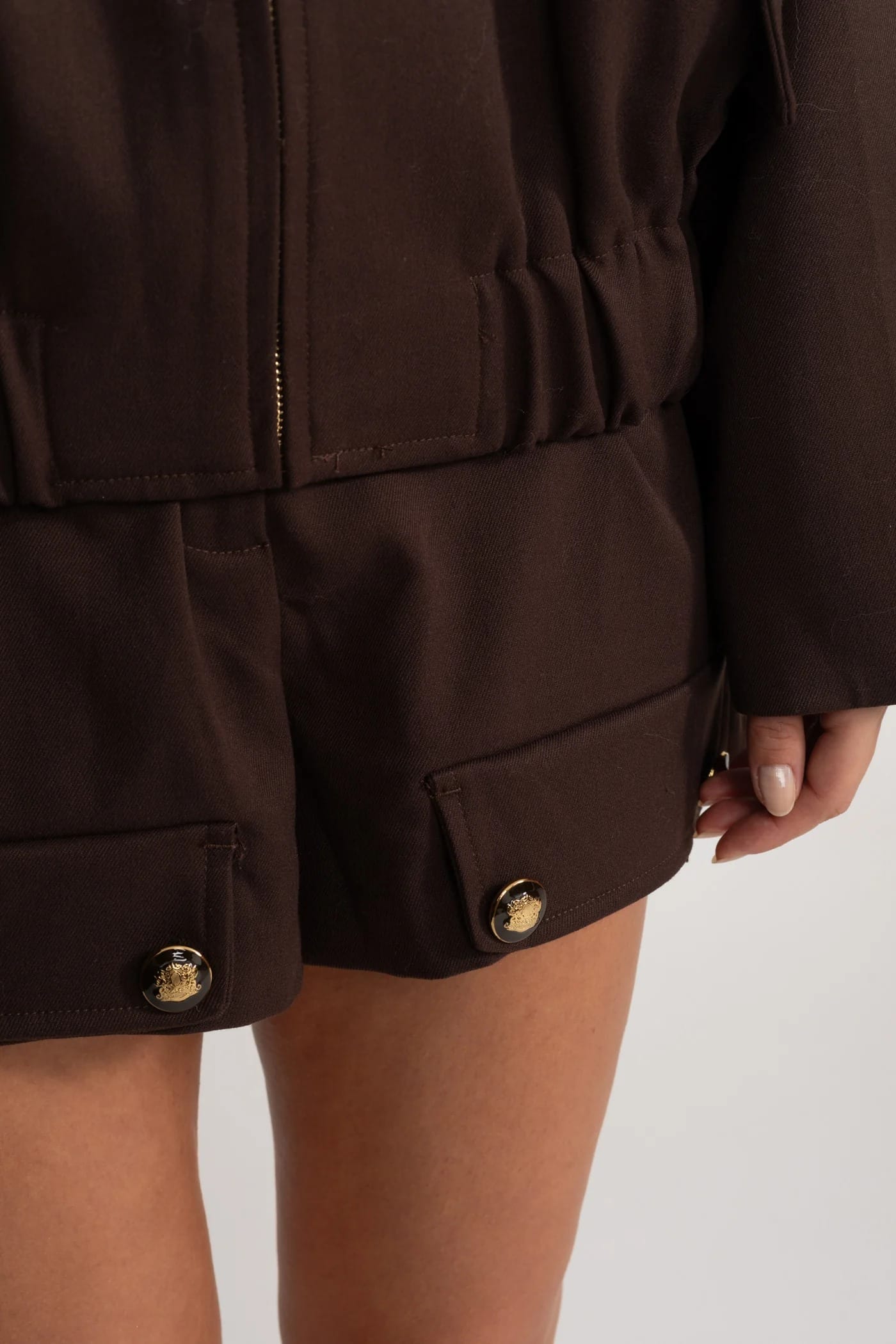 Two-Piece Set with Zip Jacket and Button Detail Shorts - Brown