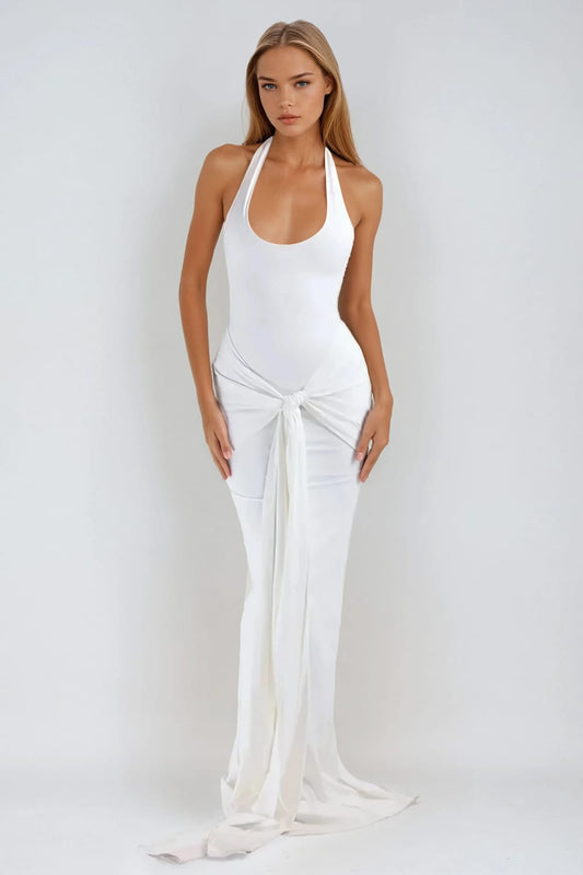 Halter Neck Maxi Dress with Draped Front Detail - White