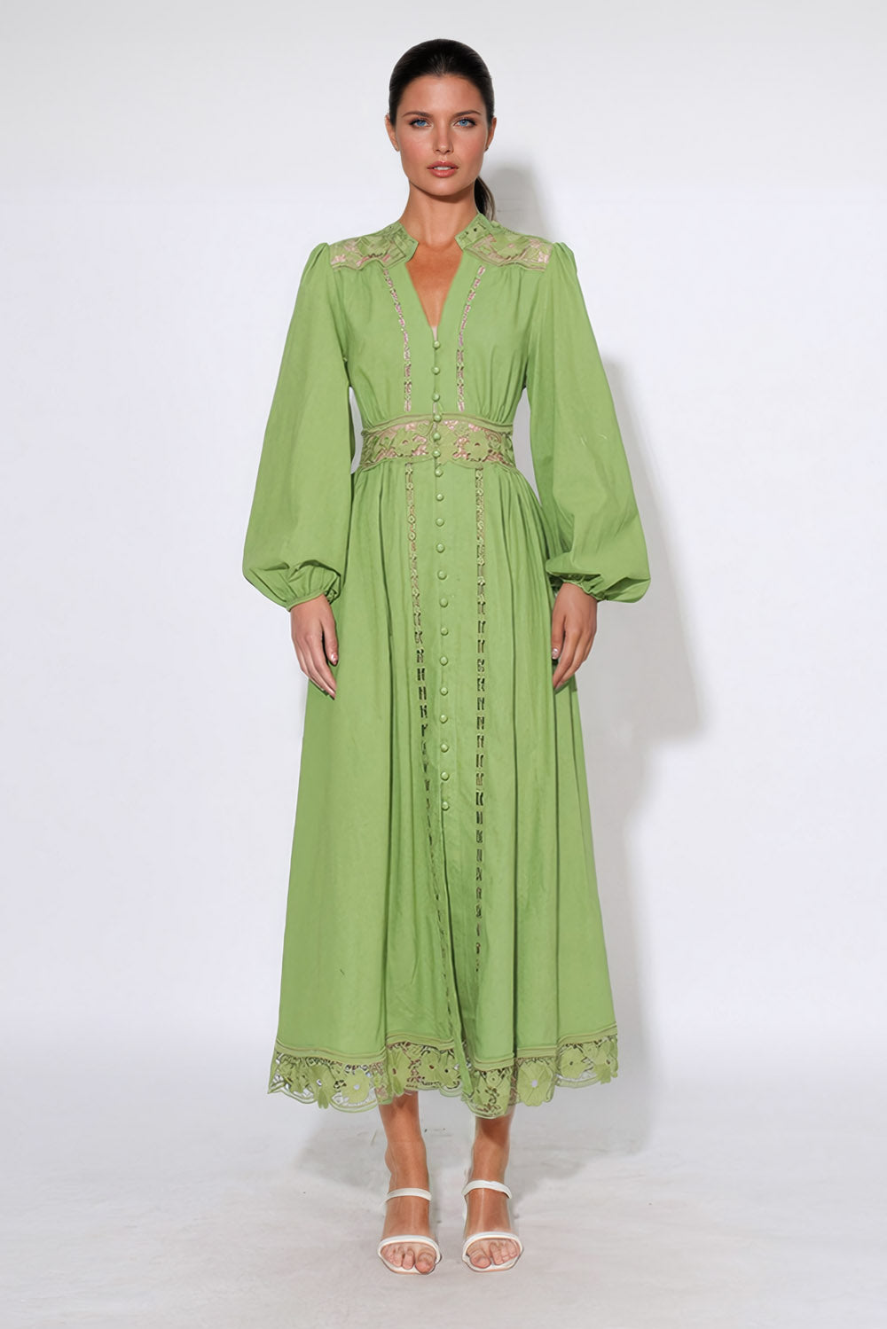 Structured Sleeve Lace Maxi Dress - Green