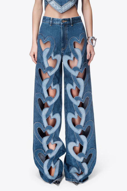 High-Waisted Wide-Leg Jeans with Heart-Cutout Details - Blue