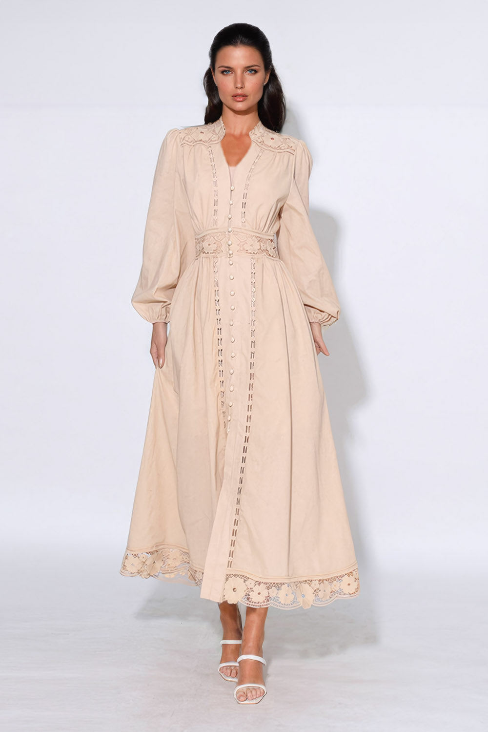 Structured Sleeve Lace Maxi Dress - Beige