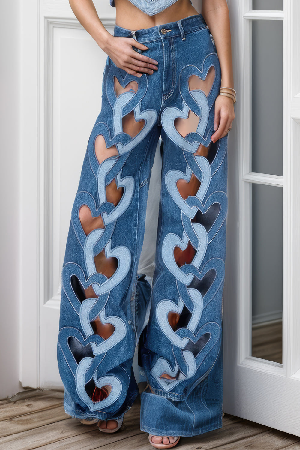 High-Waisted Wide-Leg Jeans with Heart-Cutout Details - Blue