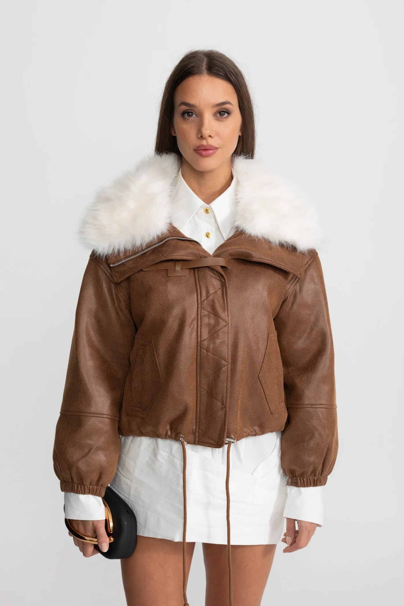 Short Jacket with Fur Collar and Drawstring Hem - Brown