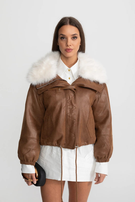 Short Jacket with Fur Collar and Drawstring Hem - Brown