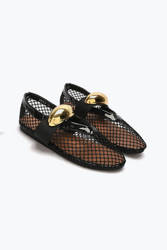 Mesh Flats with Wide Strap and Metallic Accent - Black