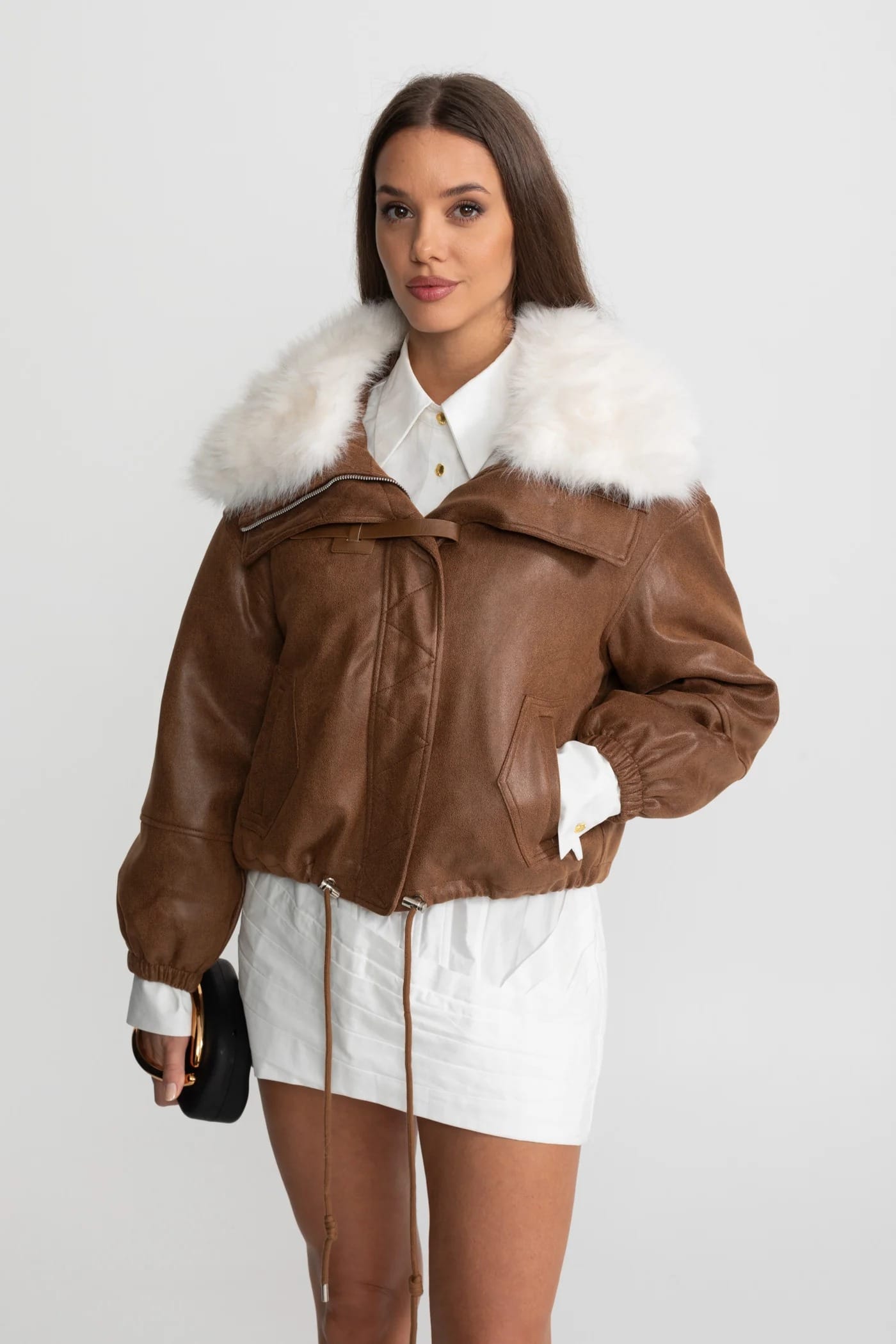 Short Jacket with Fur Collar and Drawstring Hem - Brown
