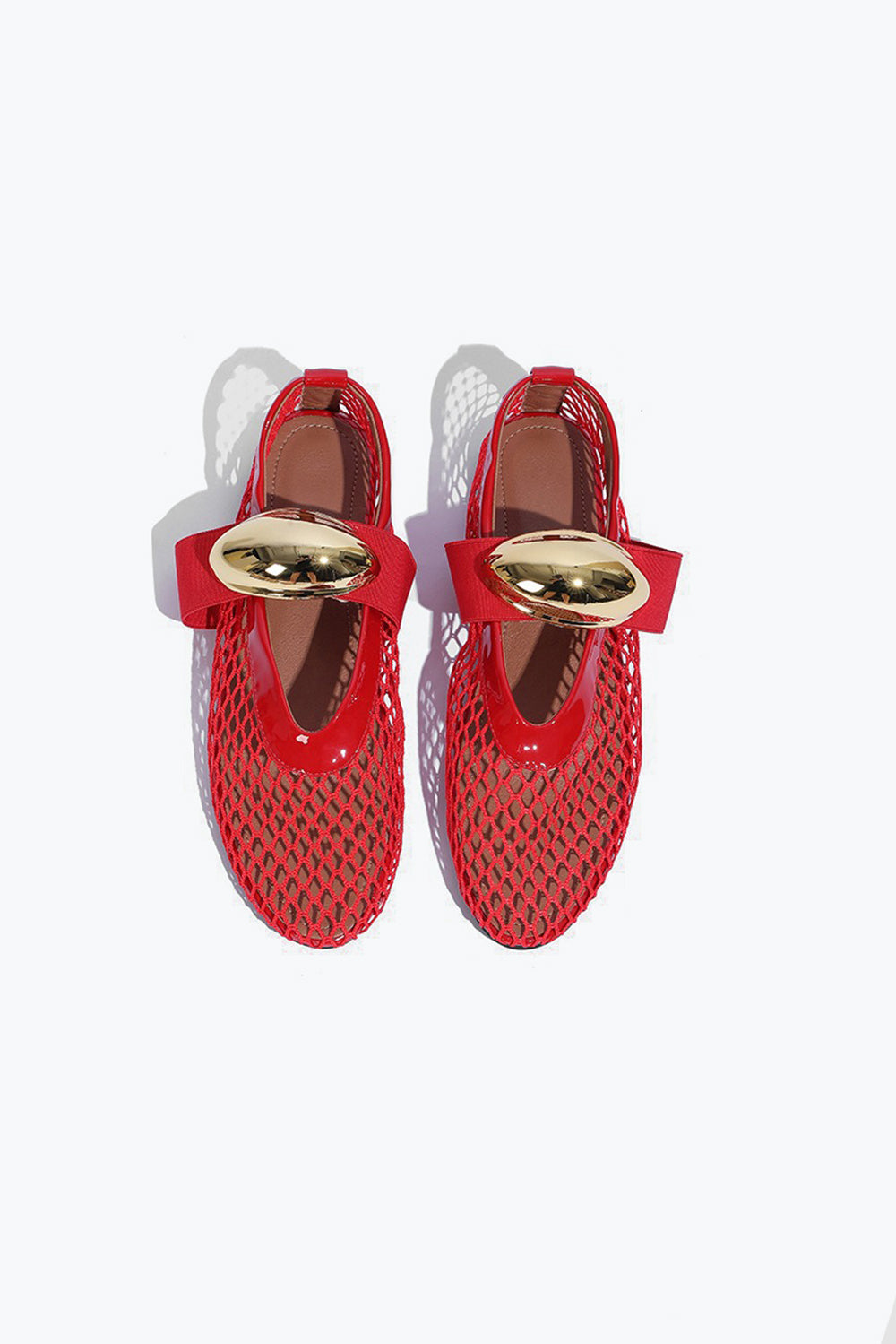 Mesh Flats with Wide Strap and Metallic Accent - Red