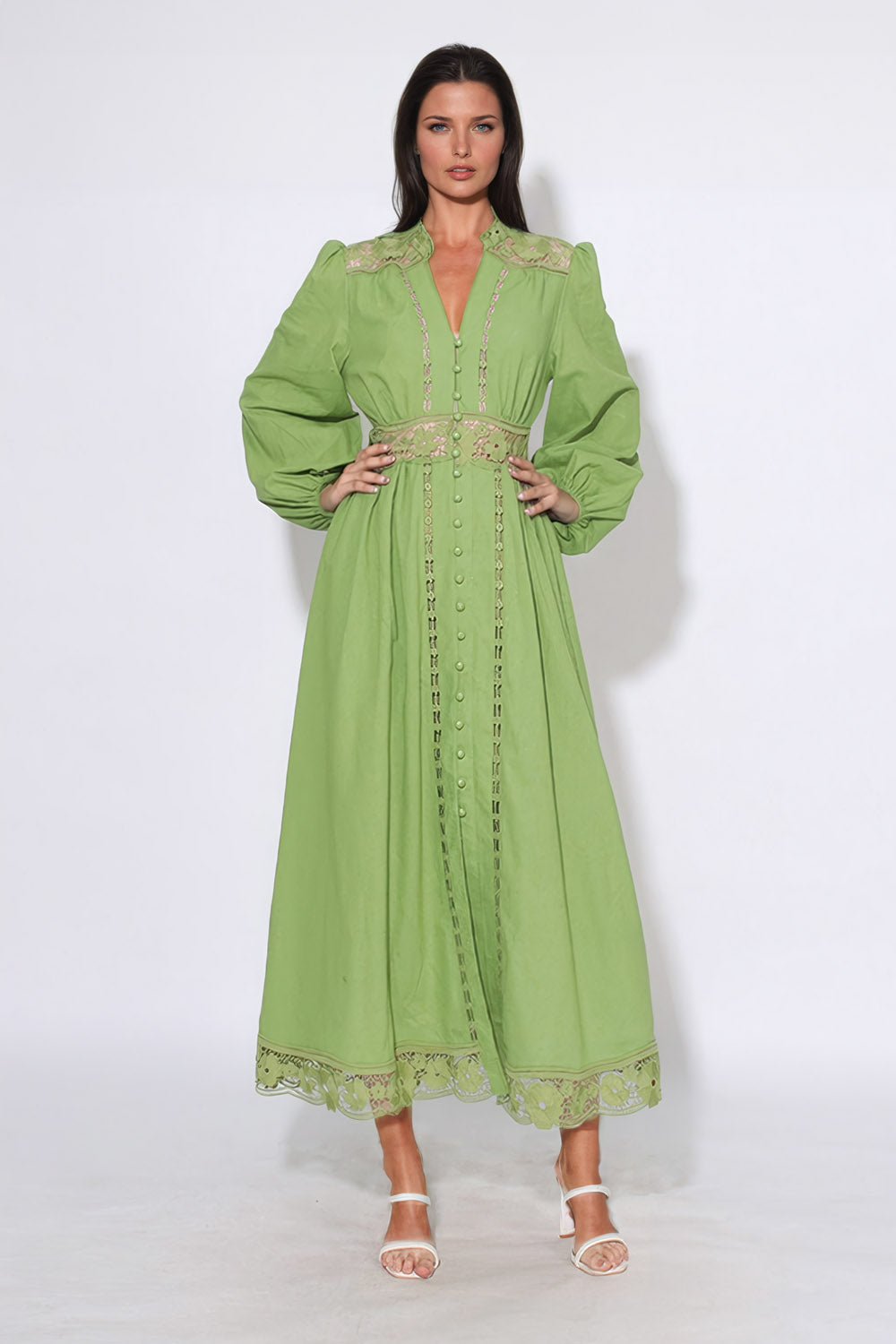 Structured Sleeve Lace Maxi Dress - Green