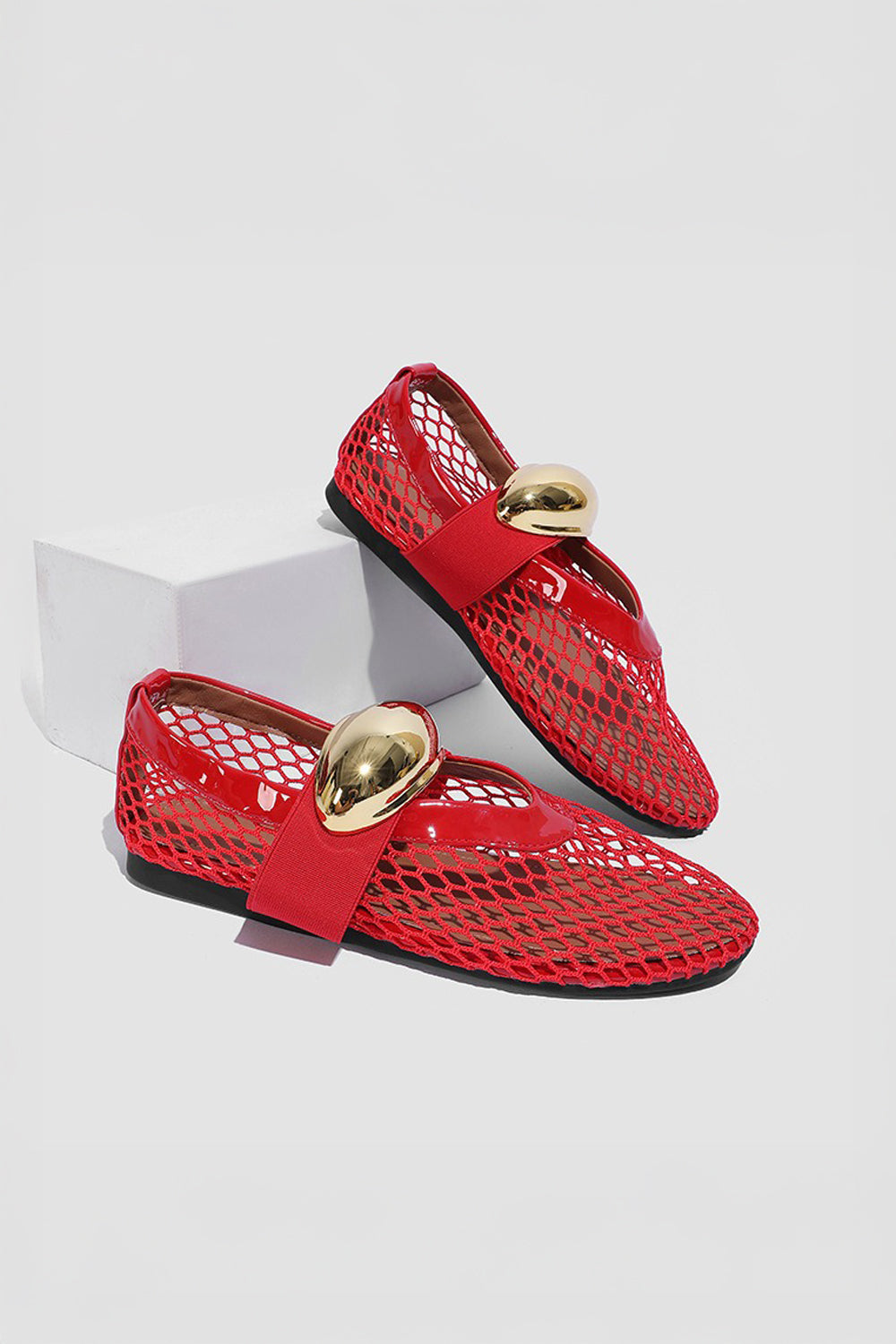 Mesh Flats with Wide Strap and Metallic Accent - Red
