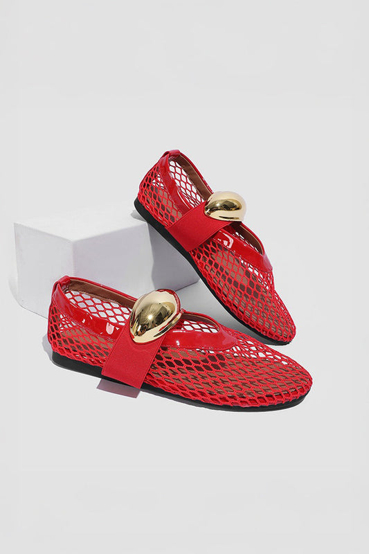 Mesh Flats with Wide Strap and Metallic Accent - Red
