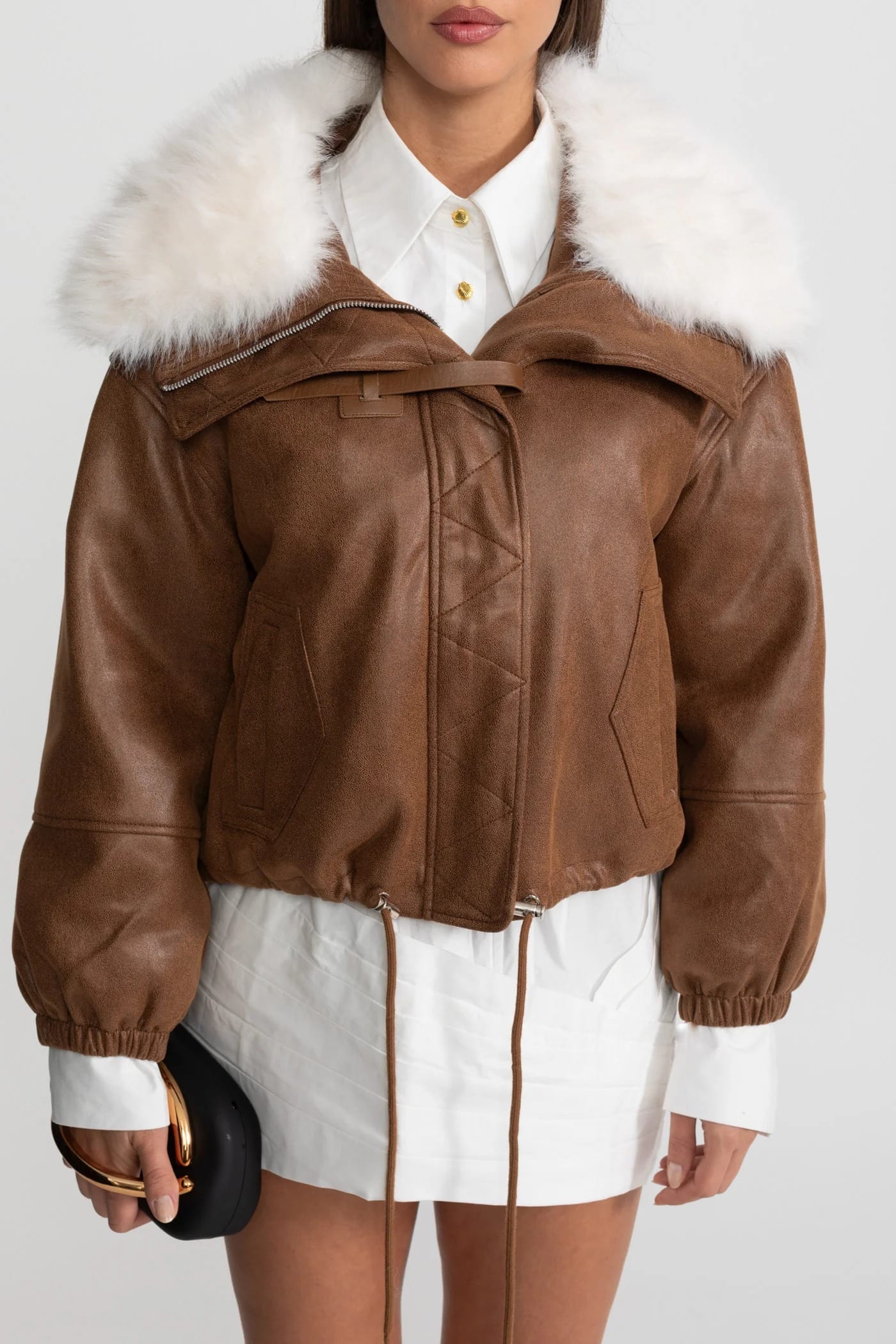Short Jacket with Fur Collar and Drawstring Hem - Brown