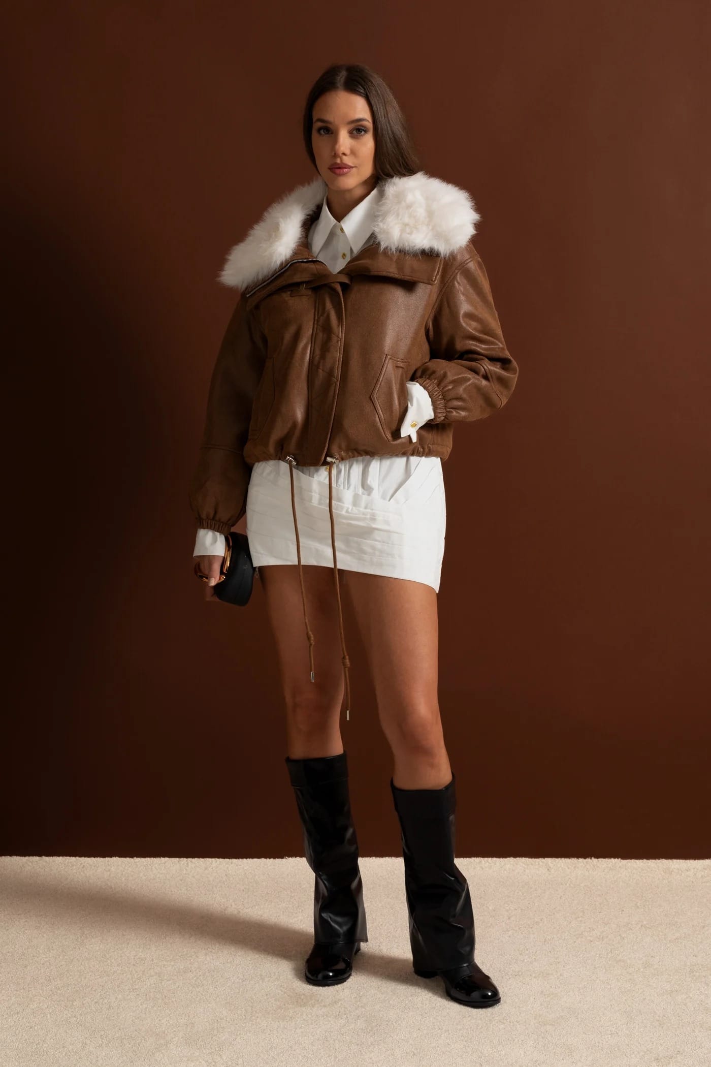 Short Jacket with Fur Collar and Drawstring Hem - Brown