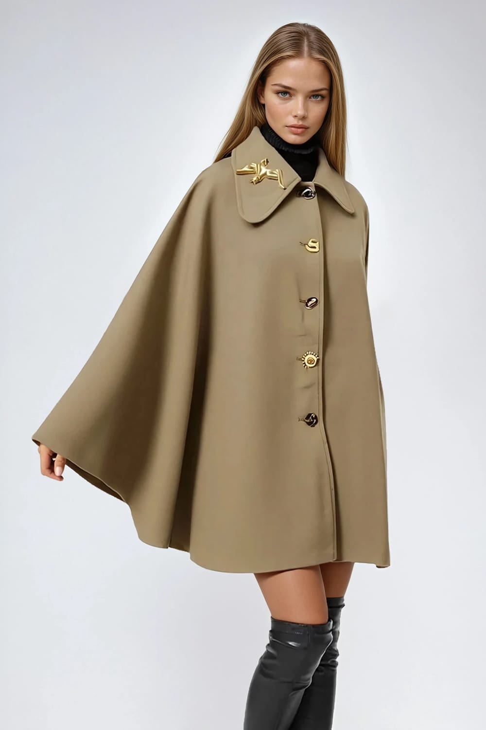 Cape Coat with Metallic Button Details - Khaki