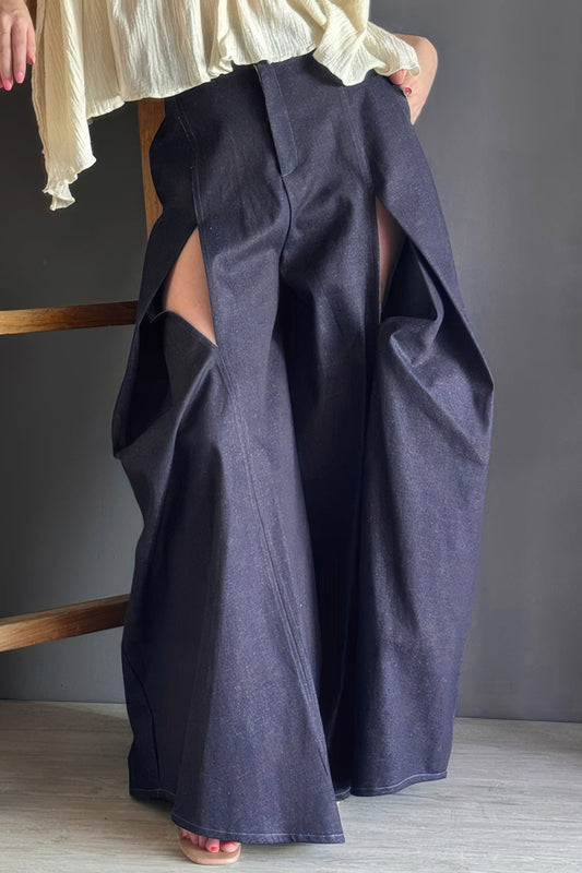 Wide-Leg Cut-Out Jeans - Dark Blue