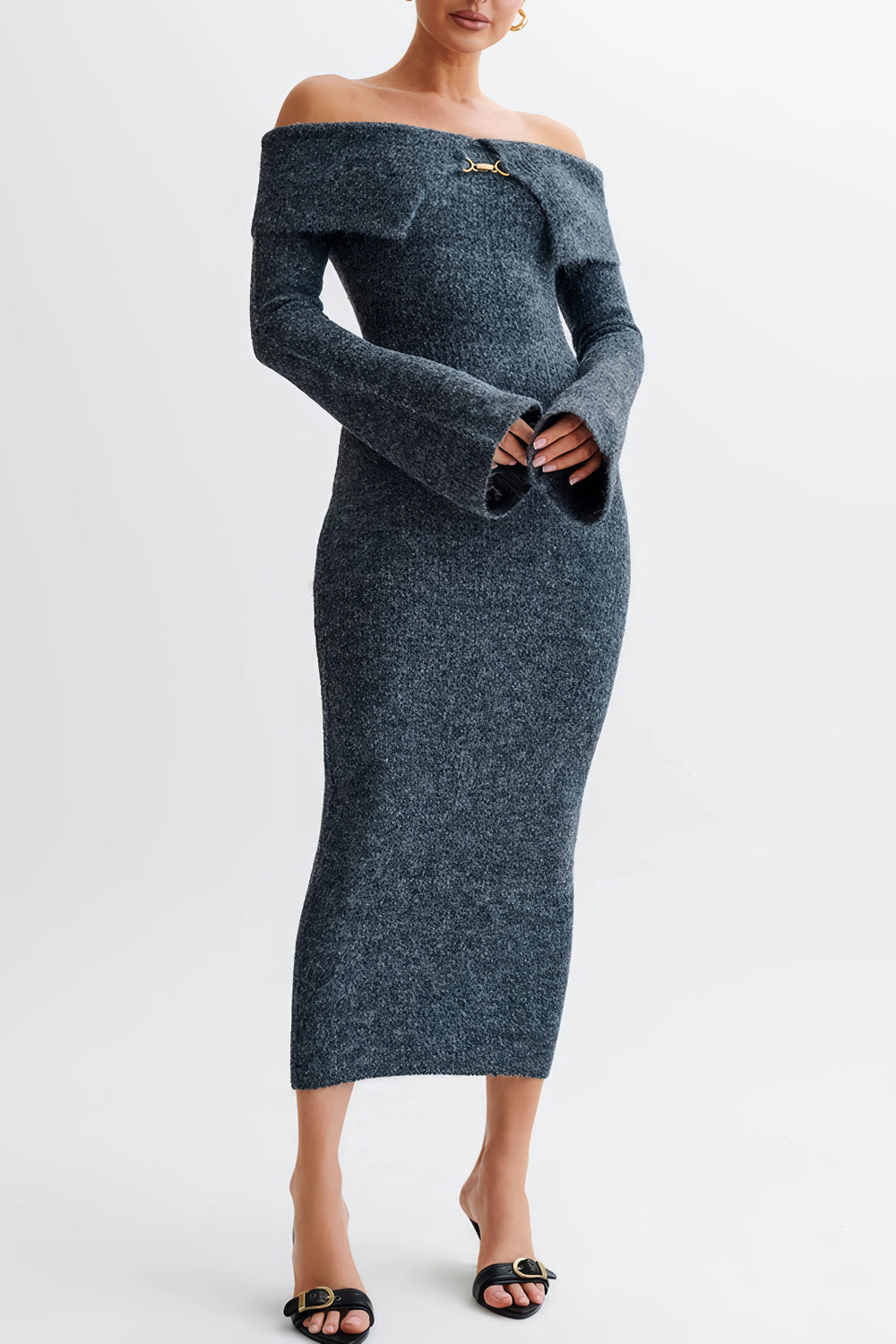 Off-Shoulder Knit Midi Dress with Bell Sleeves