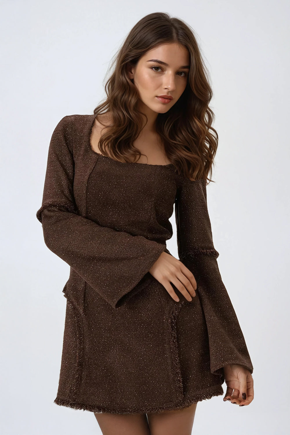 A-Line Mini Dress with Bell Sleeves - Brown