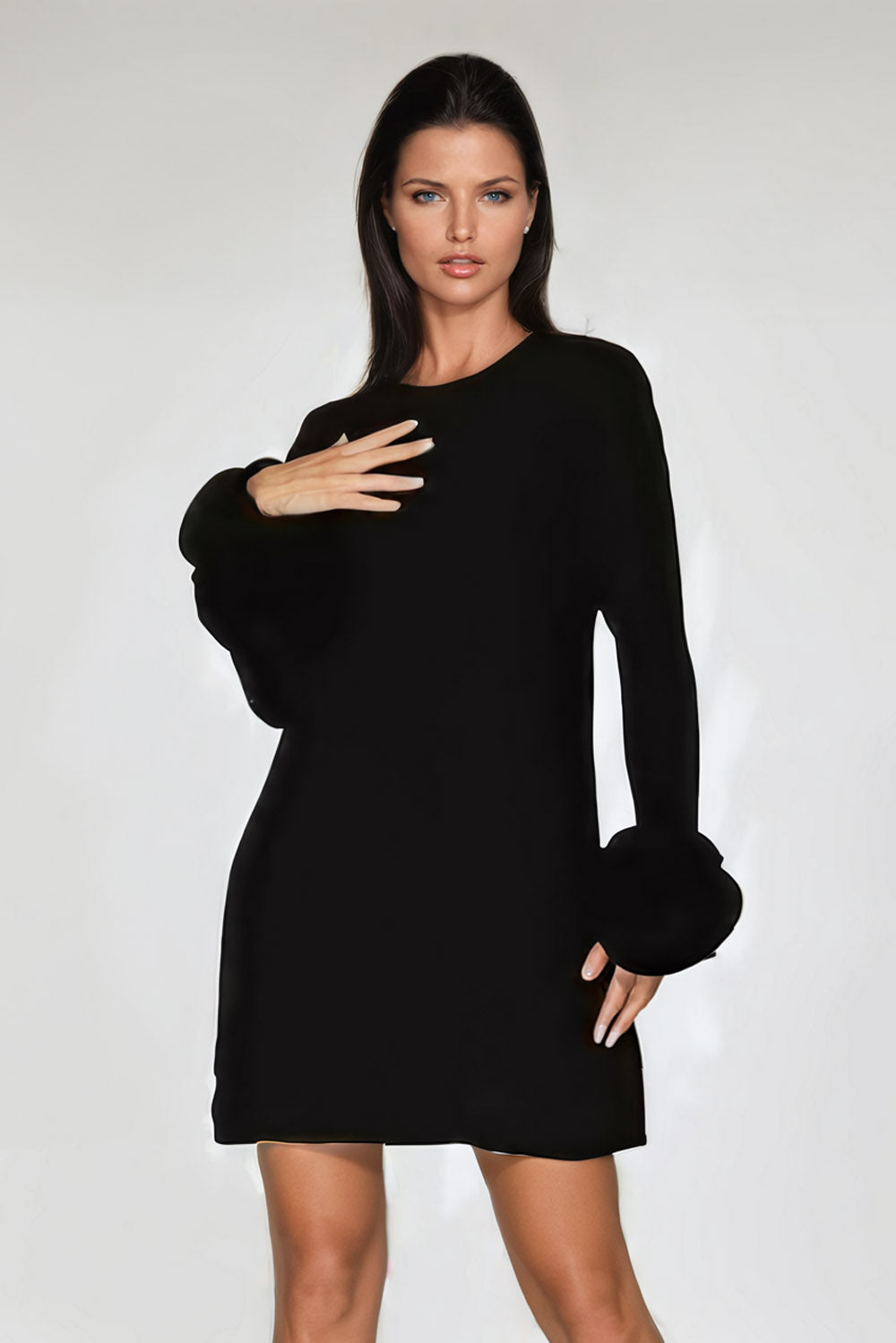 3D Flower Long Sleeve Mini Dress - Black