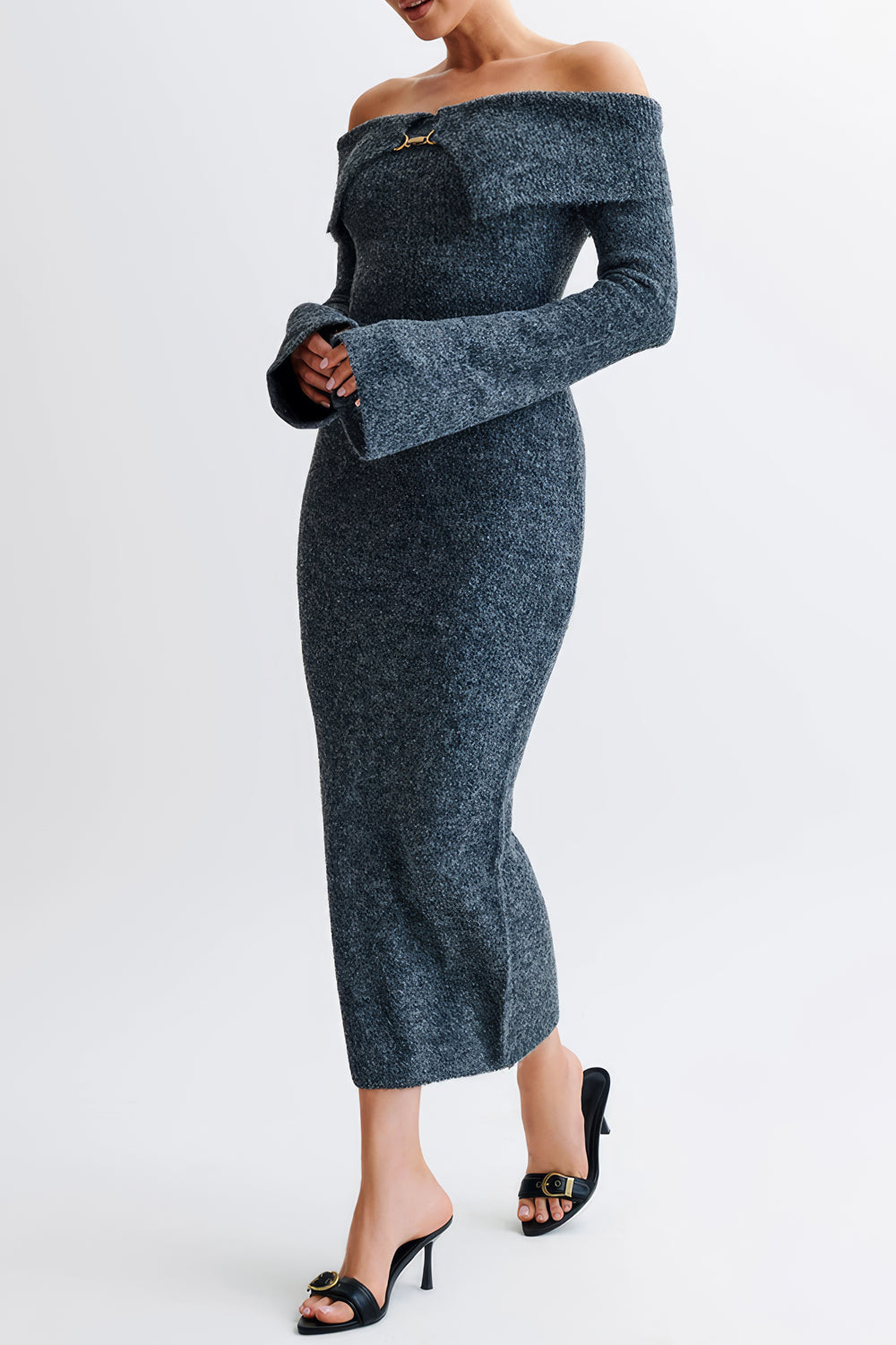 Off-Shoulder Knit Midi Dress with Bell Sleeves