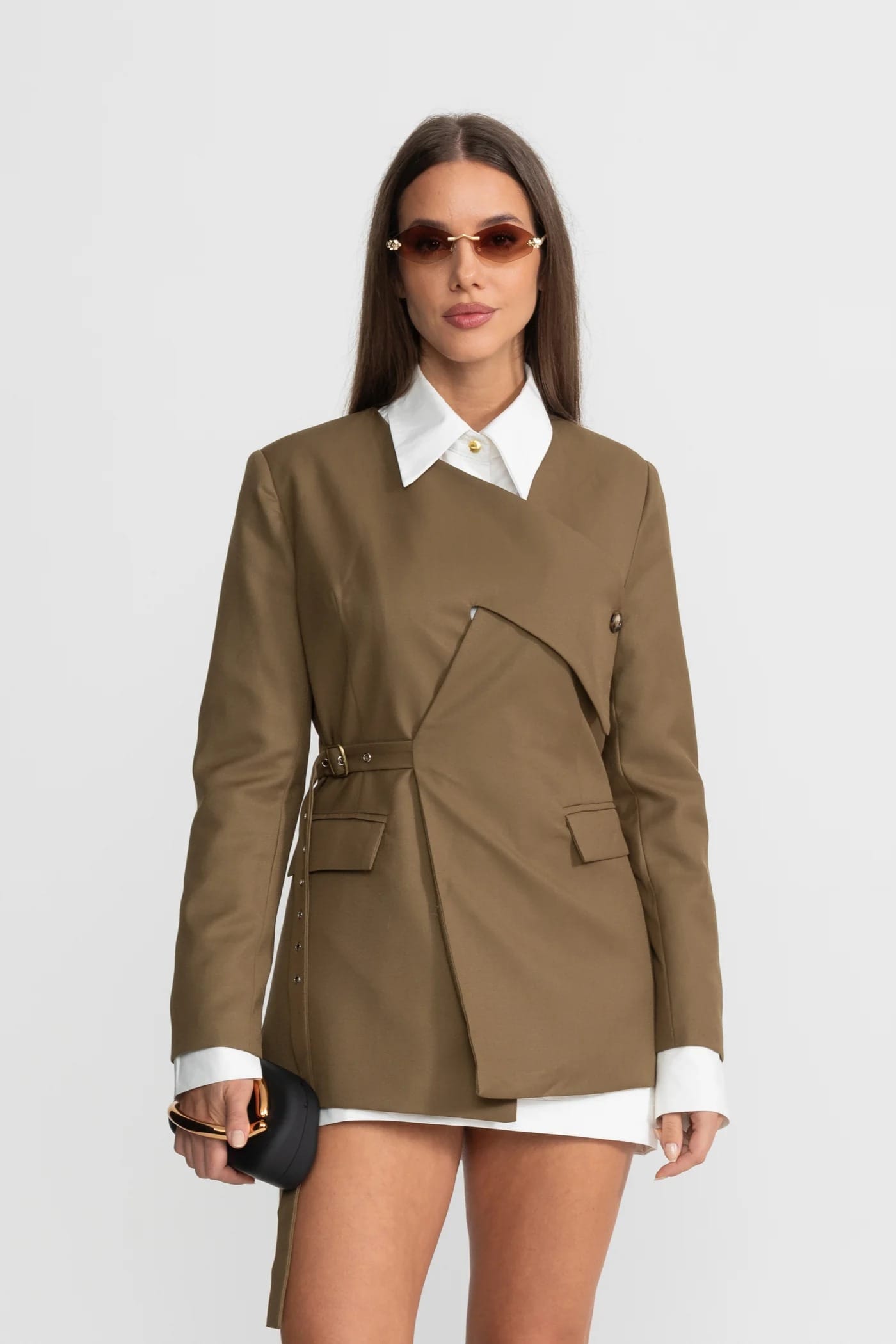 Asymmetrical Belt Detail Blazer - Khaki