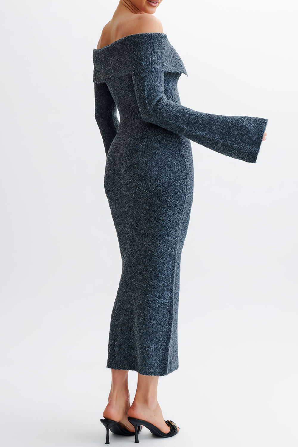 Off-Shoulder Knit Midi Dress with Bell Sleeves
