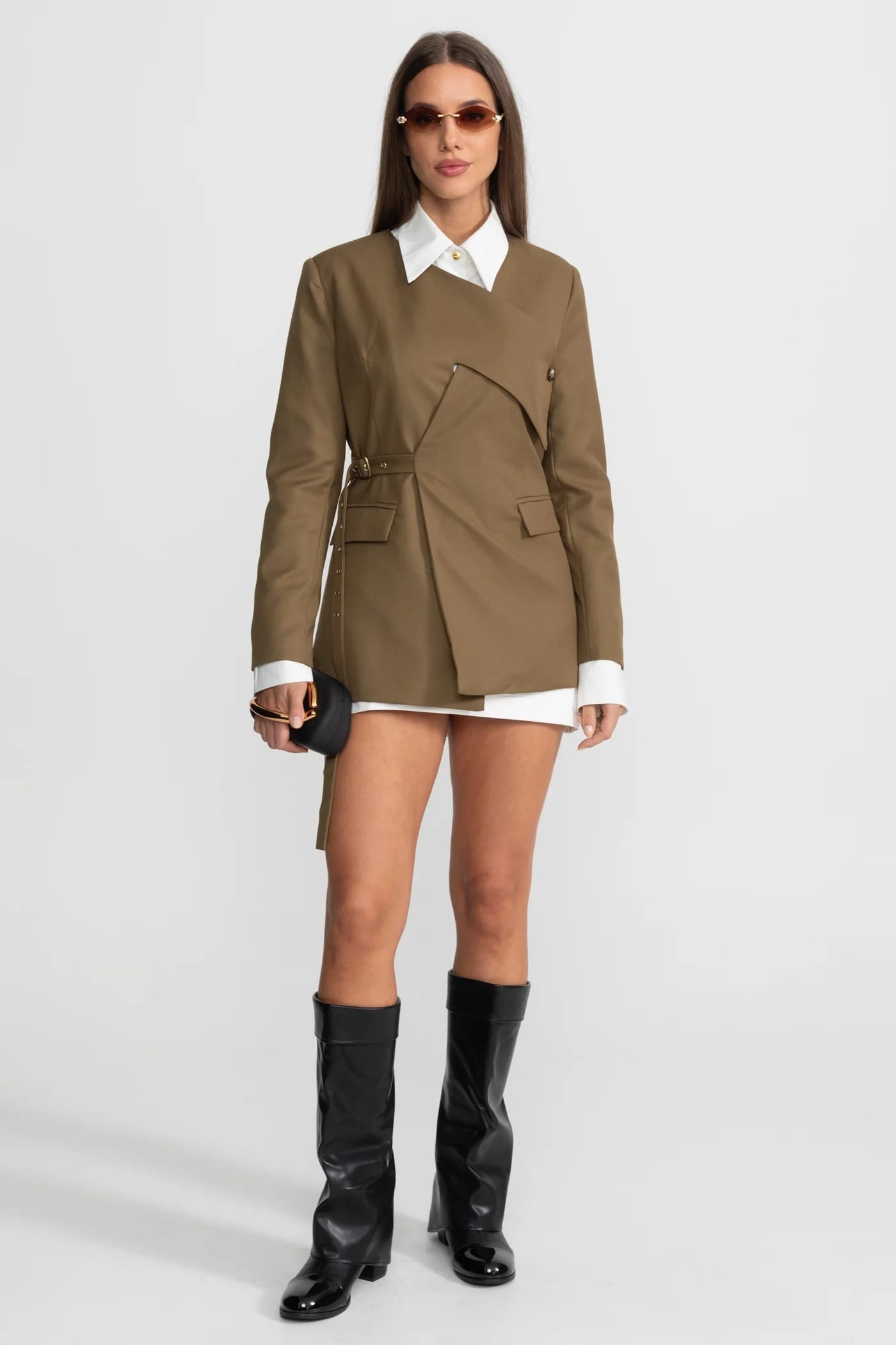 Asymmetrical Belt Detail Blazer - Khaki