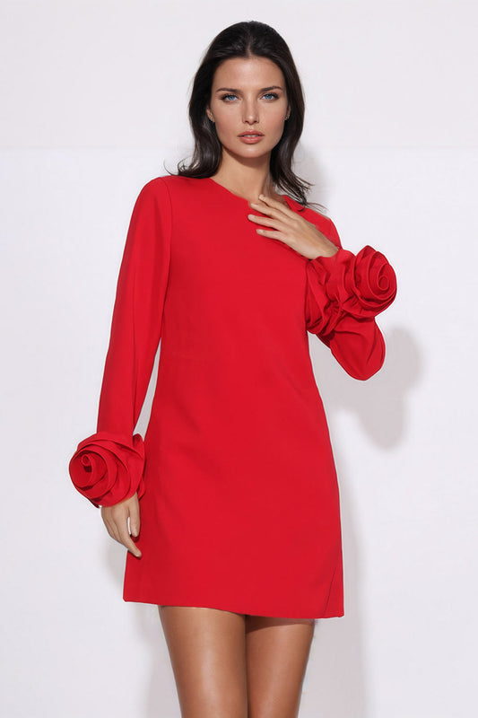 3D Flower Long Sleeve Mini Dress - Red