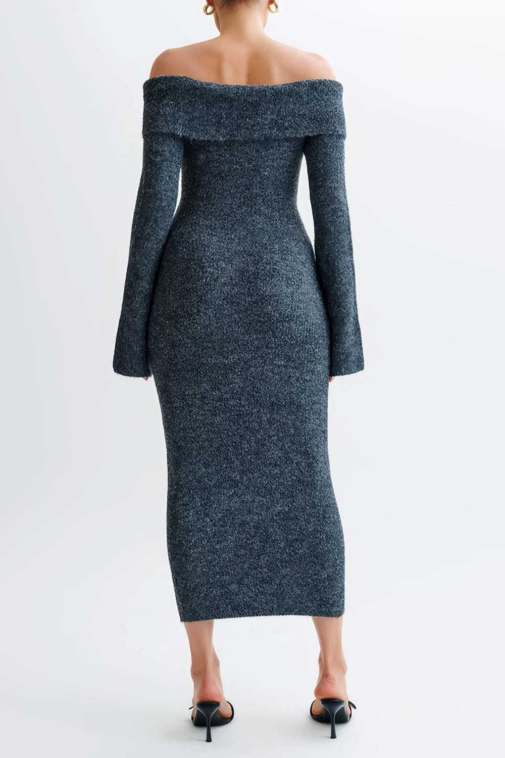 Off-Shoulder Knit Midi Dress with Bell Sleeves